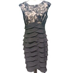 Jessica Howard Dress Women 6 Black Nude Lace Floral Cord Ruffle Sheath Formal